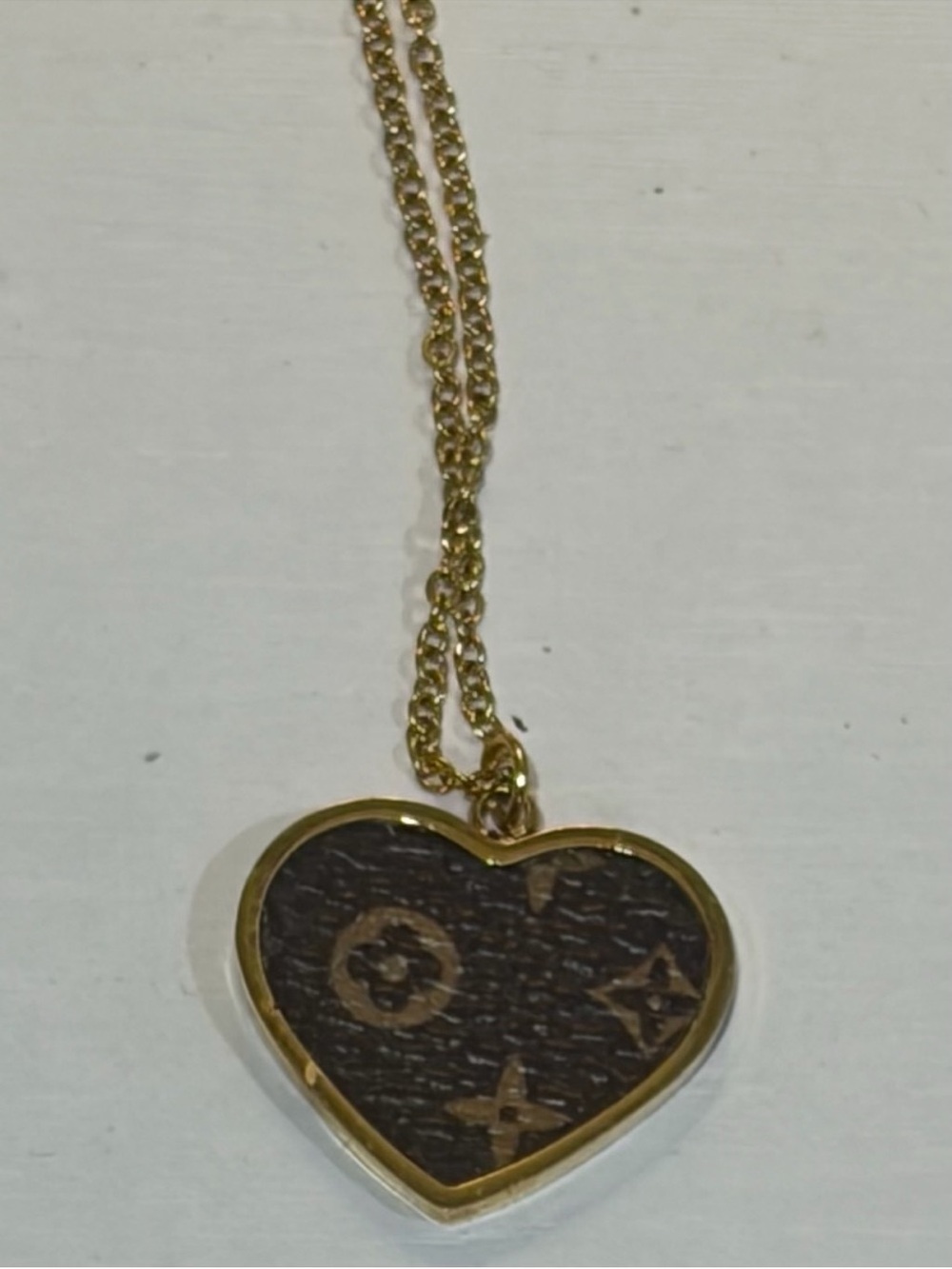 Gold-Tone Heart Pendant Necklace with LV Patterned Inlay